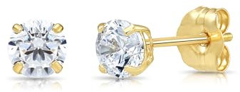 14k Yellow Gold Solitaire Round Cubic Zirconia Stud Earrings Pushbacks 3mm