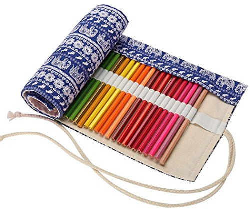 Amoyie Colouring Pencil Case 72 Slots, Roll Up Pen Holder, Pencil Wrap | Canvas Organiser Bag for Coloured Pen, Foldable Carrier for School, Outdoor, Artist Storage Bags, Blue Elephant