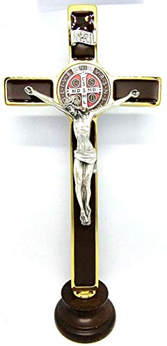 GTBITALY 10.268.21 MA Croce di San Benedetto Oro su Base Legno 20 cm Marrone Smaltata a Mano con medaglia e Scatola e preghierea 3 Lingue