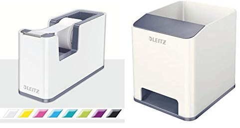 Leitz Klebeband-Tischabroller & Sound Stifteköcher, Perlweiß/Grau, WOW, 53641001 & 53631001, Kunststoff, Manuell, Tape Dispenser, Klebebandspender, Stifthalter, 202857031