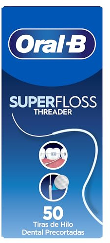 Oral-B Superfloss Seda Dental Threader, Elimina La Placa Bacteriana Y El Sarro, Puntas Rígidas O Seda Dental Acolchada, Para Limpiar Brackets Y Aparatos, 50 Hebras Precortadas