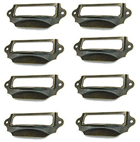 SagaSave Tiradores para etiquetas, marco de etiquetas de hierro vintage con tornillos para armario, tono bronce, 90 x 40 mm, paquete de 8
