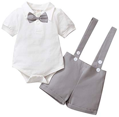 Gajaous Conjunto de traje de caballero para bebé, de manga corta, con camiseta, pelele y tirantes cortos, para bautizo, boda, 0 – 24 meses