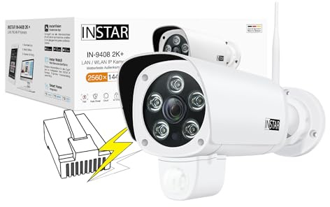 INSTAR IN-9408 2K+ PoE Blanco - cámara de vigilancia LAN/PoE con Inteligencia Artificial - cámara Exterior Resistente a la Intemperie - Power Over Ethernet IEEE 802.3af - HomeKit - PIR - RTSP