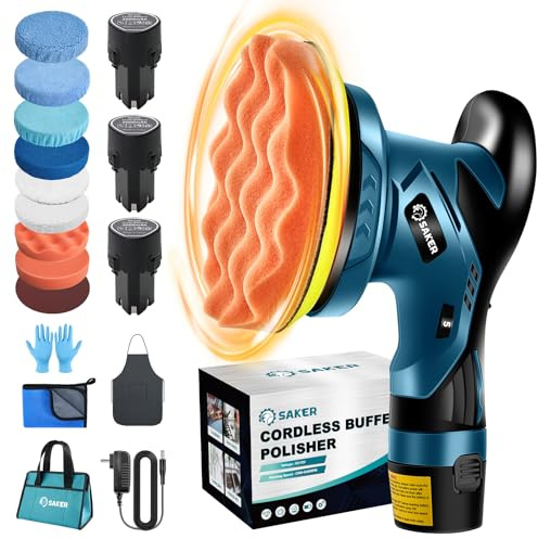 Saker Cordless Car Buffer Polisher - 6 Inch Portable Polishing Waxer Machine Kit for Car Detailing, with 3PCS 12V 2000mAh Batteries, Cloth, Bag, Gloves, Extends to 22 Attachments