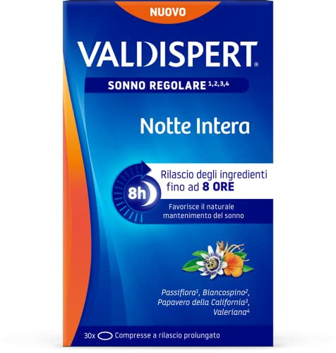 Valdispert Notte Intera, 30 Compresse a Lento Rilascio per il Sonno Regolare con Valeriana, Passiflora, Biancospino e Papavero della California, Senza Glutine e Senza Lattosio