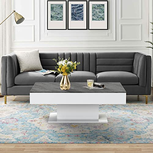 ML-Design Tavolino da Salotto con 2 Vani Portaoggetti Sotto il Piano Scorrevole Legno MDF Bianco/Effetto Cemento 110 x 60 x 40 cm Tavolo da Caffè per Soggiorno con Spazio di Archiviazione