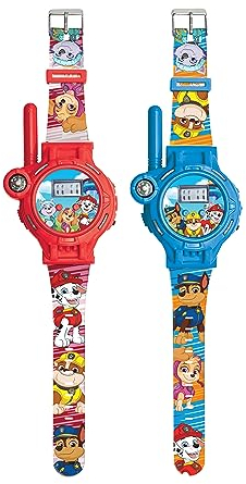 LEXIBOOK, Paw Patrol, Relojes Walkie-Talkies, 2 Piezas, Alcance hasta 200m/600 pies, Linterna, brújula, Recargable, Azul/Rojo, DMWTW1PA