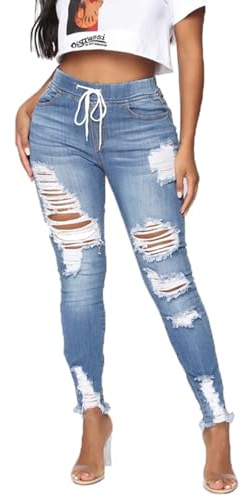 CME SHOWU High Waisted Skinny Stretch Ripped Jeans Destroyed Jean Joggers for Women Plus Size Skinny Denim Pants(Ripped Blue,L)