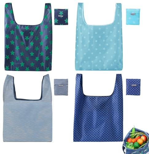 KASESSS 4 Stück Einkaufstasche Faltbar, Wiederverwendbare Einkaufstaschen, Waschbare Einkaufsbeutel Umweltfreundlich Shopping Bag Leichte Polyester Tragetasche für Einkauf Reise Ausflug
