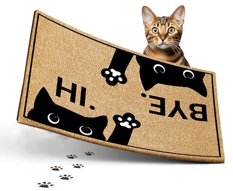 ElbFuchs Katzen-Fußmatte Kokos 60x40cm Hi & Bye Katze I Extra langlebige & rutschfeste Kokosmatte für Innen & Überdachte Außenbereiche I Lustige Türmatte mit Katzenmotiv I Ideal als Schmutzfang