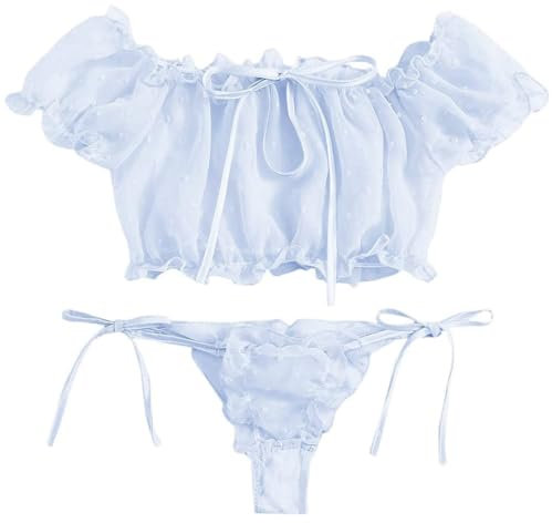 KFLY Women Sexy Bra and Panty Polka Dots Babydoll Lingerie Sets Strappy Seethrough Ruffle Trim Underwear with Cute Bowknot G String (Blue, One Size)