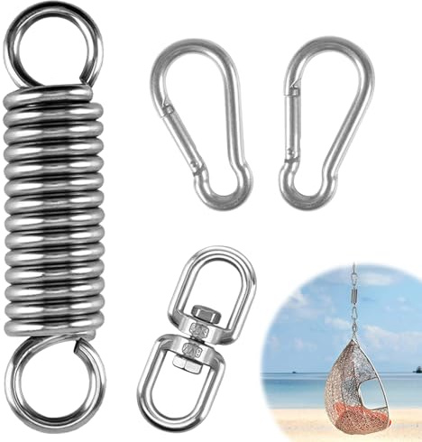 Molla oscillante per poltrona sospesa, robusta molla in acciaio, portata fino a 200 kg, molla di sospensione con 2 moschettoni M10, 1 anello girevole a 360°, in acciaio inox, per appendere poltrona