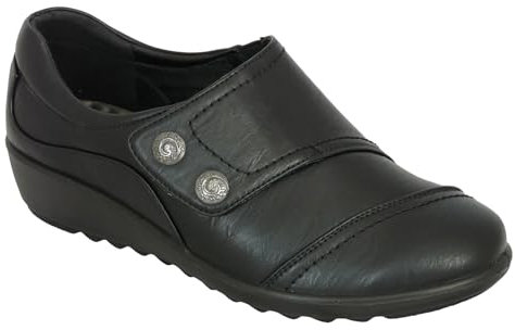Cushion Walk Wide Fitting EEE Fit Black Shoes Women's Ladies Lightweight Faux Leather Slip-on Flats, Casual Work Office Comfort Shoes, with Double Button Detail (7 UK, Black)