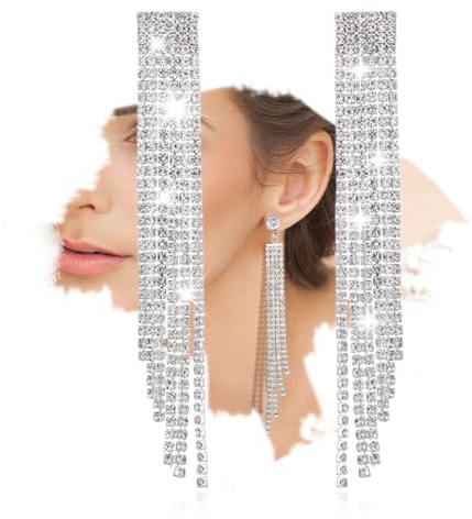 JEYORZY Boucles d'oreilles pendantes de mariage pour femmes avec longue frange en cristal strass argenté,Bijoux nuptiaux de qualité supérieure