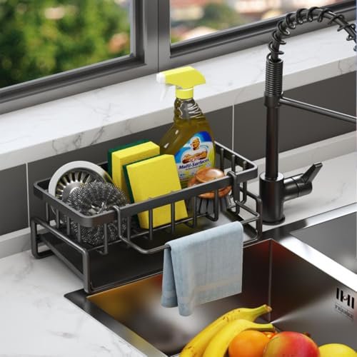 OUYULAI Porta Spugne Lavello Cucina, Organizer Lavello, Vassoio da Bagno, Porta Spugna, Con Vassoio di Drenaggio Automatico, Grigio