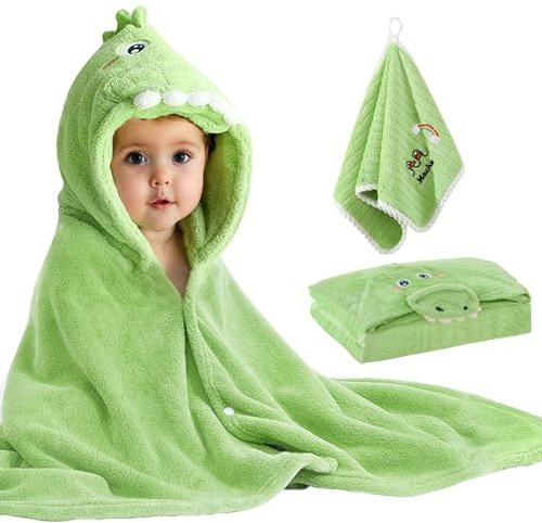 shengo Asciugamano da bagno per bambini, 80 x 120 cm, con cappuccio in pile corallo, spesso e ultra morbido, con cappuccio, per bambini, ragazzi e ragazze, colore verde