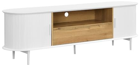 Vente-unique - Meuble TV avec 2 Portes coulissantes, 1 tiroir et 1 Niche en MDF - Blanc et Naturel - VELURANI