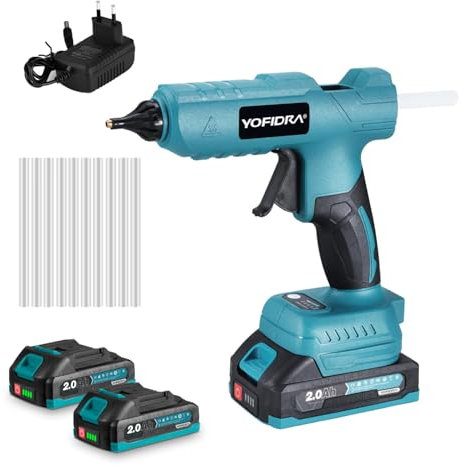 Yofidra Cordless Hot Glue Gun - 100W, 2 x 2.0Ah Batteries & Charger, Quick Heating, Hot Glue Gun with 10 x 11mm Glue Sticks, Anti-Drip Nozzle, Non-Slip Grip - Ideal for DIY, Crafts & Repairs