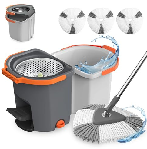 Wischmopp Set mit geteiltem Eimer & Fußpresse – Faltbarer Bodenwischer mit Auswringfunktion & 2-Kammer-System zur Schmutzwassertrennung – Putzeimer inkl. 3 Pads für Parkett & Fliesen (Dunkelgrau)