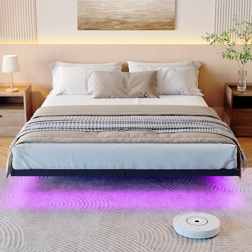 HOJINLINERO Bett 120x200 mit LED Beleuchtung und Ladestation Bettrahmen 120x200cm Schwebebett, Jugendbett, Metallbett mit Lattenrost Doppelbett Robust und Stabil,Gästebett Leichte Montage