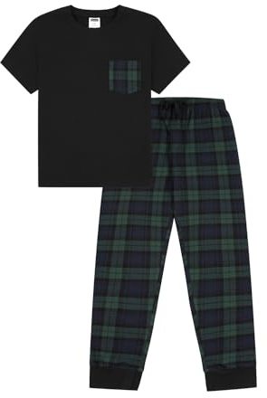 Pyjama long en coton tissé à carreaux bleus et verts pour enfants, bleu, 13-14 ans