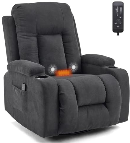 LEADZM Fauteuil Relax avec Fonction électrique Massage,avec 360° Chaleu et Tourner Réglage Manuel de Inclinaison Fauteuil Relaxant avec Repose-Pied,Télécommandes,Noir