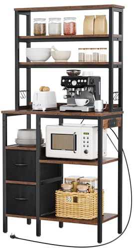 YITAHOME Kitchen Storage Rack with Power Outlet, 2 AC outlets 2 USB ports, Coffee Bar, Baker's Rack with 2 Drawers and 4 Hooks, microwave shelf, for oven, 31.5 x 15.7 x 66 inch, Rustic Brown and Black
