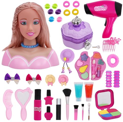 Hperu 40Pcs Styling Head Doll for Kids, with Hair Dryer Accessories, Deluxe Makeup Pretend Playset, Styling Head Doll Hairstyle Toy for Girls, Children's Beauty Salon Role Play
