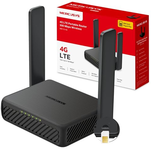 Mercusys MB113-4G Router WiFi con Sim, Wifi Portatile, 2 Antenne Pieghevoli, 4G LTE Wireless N300Mbps,Porta LAN+ Porta LAN/WAN, USB-C, Ricarica da Power Bank, VPN（Client/Server）, SMS, APP, Plug&Play