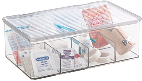 mDesign Plastic First Aid Kit Storage Box with Clear Top Lid for Bathroom, Kitchen, Cabinet, Closet, Drawer - Organizes Medicine, Ointments, Adhesive Bandages, Dental, 8 Divided Sections - Clear