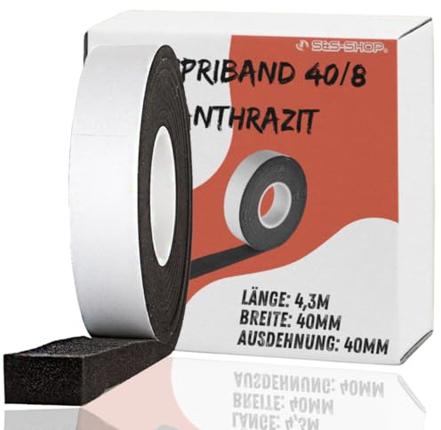 S&S-Shop Kompriband 4,3 m lang, 40/8 anthrazit, expandiert von 8 auf 32 mm, Fugenbreite 8-32 mm, Rollenbreite 40 mm, Acryl 300, Fugenband, Quellband, Dichtband