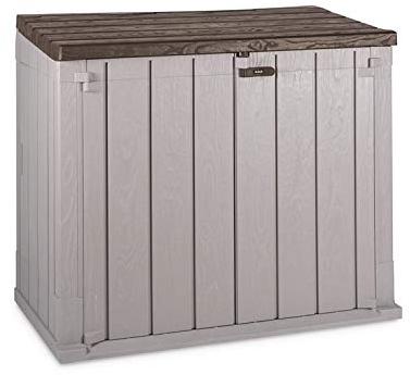 Toomax Baule Stora Way, portattrezzi da Esterni, con effetto legno, 842 litri, colore grigio talpa/marrone, dimensioni cm 129,5x74,5x111h