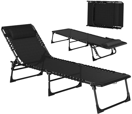 Outsunny Foldable Sun Lounger, Outdoor 4 Level Adjustable Backrest Reclining Chaise Chair, Steel Frame Recliner Chair for Camping, Hiking, Black
