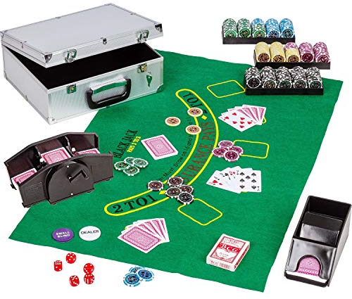 GAMES PLANET Ultimate Pokerset Deluxe, 300er BZW. 600er Edition, 12 Gramm METALLKERN Laserchips, Poker Decks, Alu Pokerkoffer, Kartenmischer, Kartengeber, Würfel, Dealer Button, Pokerchips, Jetons