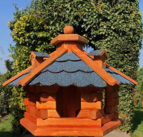 DARLUX handgefertigtes Sechseck Vogelhaus aus Holz wetterfest M - XXL mit und ohne Ständer I Futterhaus I Futterhäuschen I wetterfest I Bitumdach (Größe L ohne Ständer, Blau - Braun)