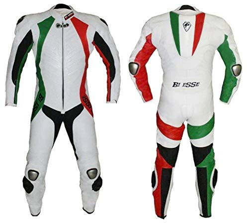 BI ESSE - MOTO overall i äkta kohud, perfekt för professionell användning på banan. Tricolor modell (Grön/Vit/Röd, XXL)