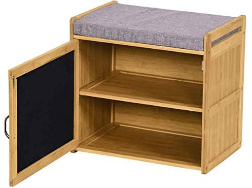 BAKAJI Banc de rangement à chaussures pour entrée maison avec 2 étagères, porte chaussures, fermeture à porte, structure en bois, banc avec coussin rembourré en tissu, meuble polyvalent, dimensions 50