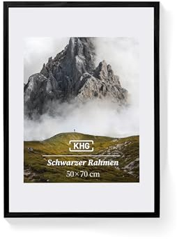 KHG Premium-Bilderrahmen 50x70 cm Schwarz, stabile Glasfront, hochwertiges Passepartout & MDF-Holzrahmen für Fotos, Poster, Zertifikate & Collagen