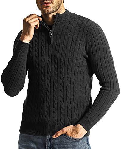 Superora Långärmad herrtröja stickad halv dragkedja pullover stående krage varm tröja för vintern, Svart, XXL