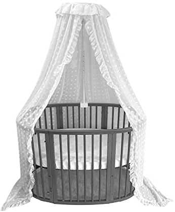 Wonder Space Elegant Baby Crib Canopy with Adjustable Holder Stand - Chiffon Lace Sheer Pom Poms Fabric, Princess Girls Fairy Dream Curtain Tent Nursery Room Decoration Addition Mosquito Net (White)