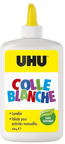 UHU colle blanche - Colle blanche multi matériaux, sans solvants, lavable à l'eau, spatule intégrée, bouteille souple de 250g