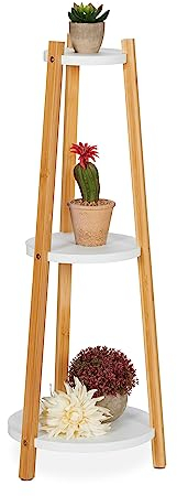 Relaxdays Pflanzenständer rund, 3 Ablagen, Blumenständer für innen, Bambus, MDF, HxD 73,5x28 cm, Blumenregal, weiß/Natur