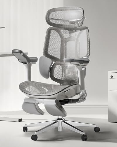 Hbada E3 Pro Ergonomischer Bürostuhl mit 3-Zonen dynamischer Lendenwirbelstütze, 4D verstellbare Kopfstütze, 6D-Armlehnen verstellbar, Schreibtischstuhl mit Fußstütze, Grau