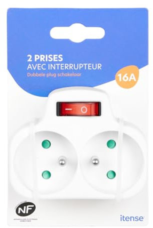 ITENSE - Multiprise électrique, Prise Multiple - Fiche biplite - 2 Prises - Intensité du Courant: 2 x 16A - avec Interrupteur - Multiprise électrique Murale - Couleur: Blanc - Tension: 230V