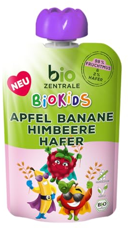 biozentrale BioKids Fruchtmus Apfel Banane Himbeere Hafer | 12 x 90g | Fruchtiger Snack ohne Zuckerzusatz | Vegan