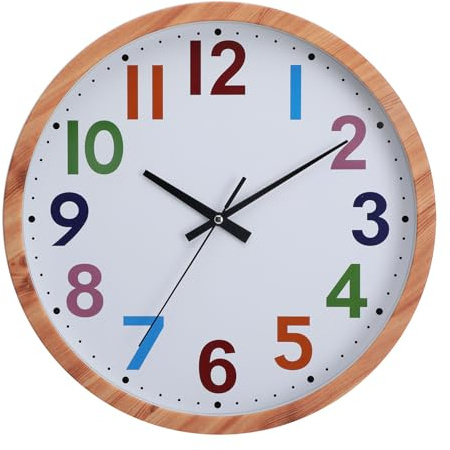 NUOVO Imitation wood grain frame design wall clock with Arabic coloured numbers, simple and easy to read, suitable for quiet wall clocks in living rooms, bedrooms, offices