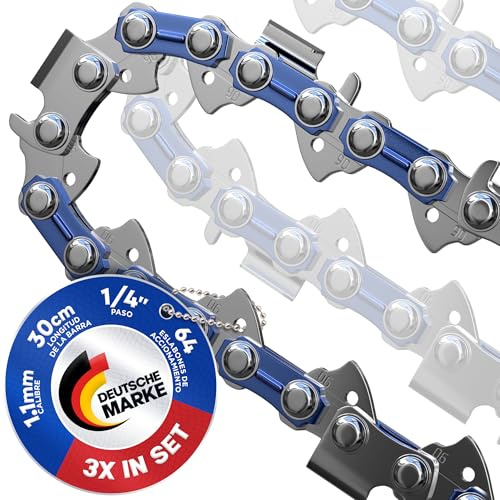 Juego de 3 cadenas de motosierra 30cm - 1/4 LP Paso - 1.1mm - 64 Eslabones motrices - Cadena de sierra con brazo antirretorno compatible con muchas marcas de motosierra