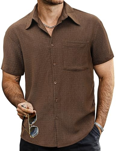 VATPAVE Mens Button Down Short Sleeve Shirt Summer Shirts S Pure Coffee