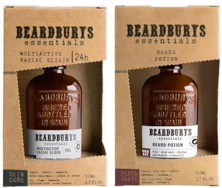 Beardburys Essentials - Kit Facial y Barba Express: Crema Hidratante + Acondicionador. Piel hidratada, barba sin descamaciones ni picores. Skincare antiedad para hombre.